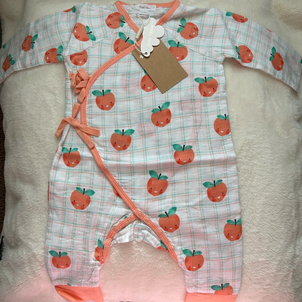 NWT Angel Dear plaid peaches muslin wrap coverall 3-6 months